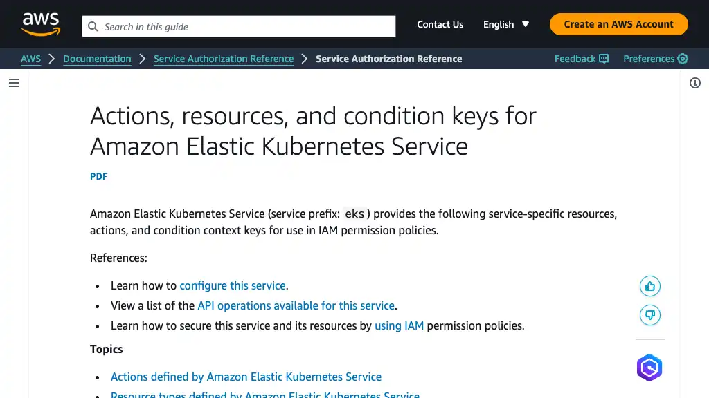Actions, resources, and condition keys for Amazon Elastic Kubernetes Service - Service Authorization Reference